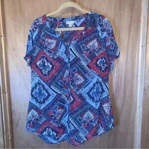 CB Established 1962 Blouse Tunic Top 1X Womans Plus Blue Short Sleeves